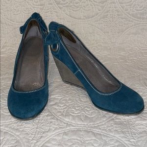 Blue suede wedges